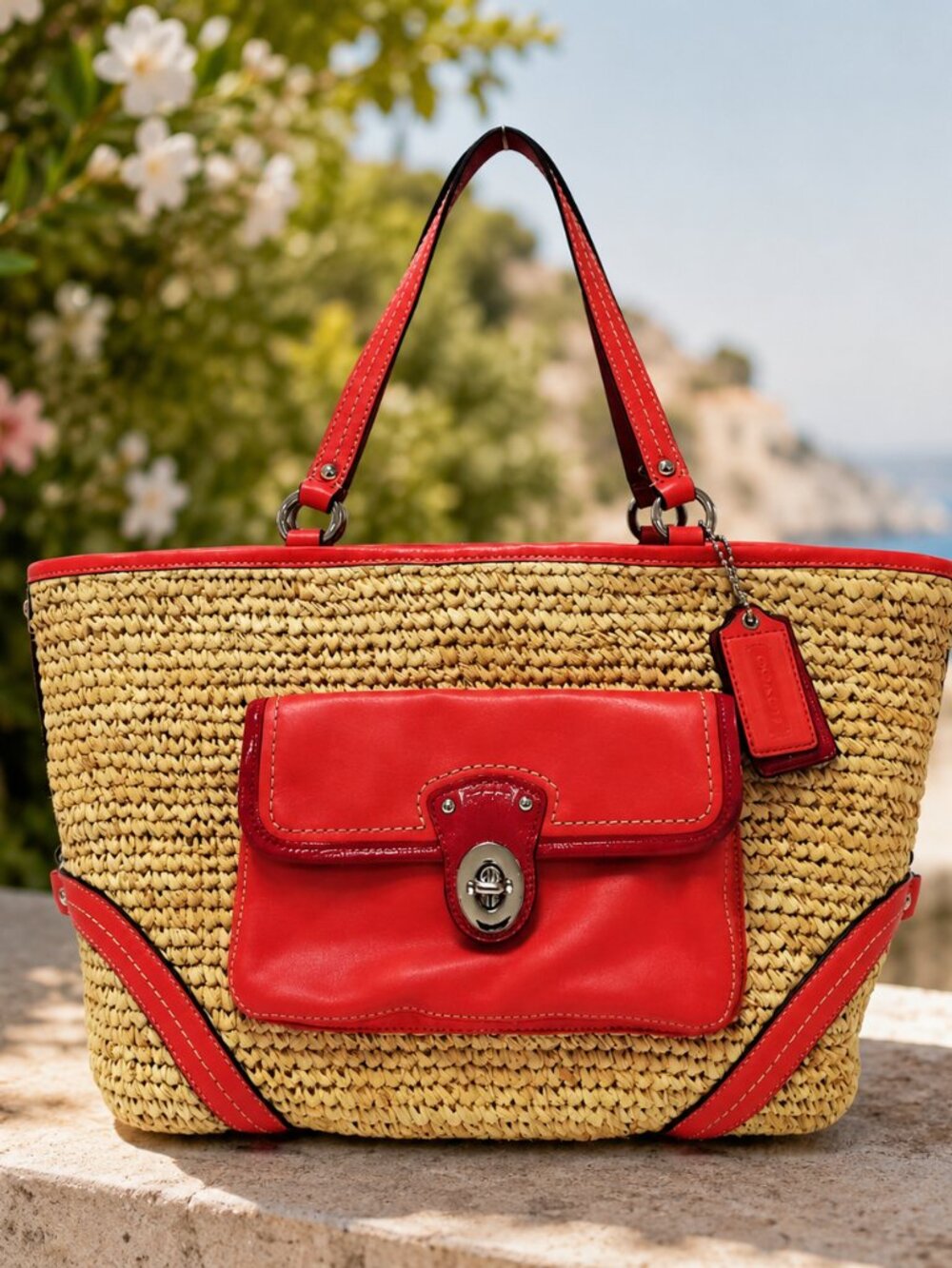 Coach Woven Straw Pocket Tote Natural Coral Leather Trim Turnlock Beach Bag